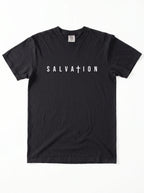 A black short-sleeve crewneck t-shirt with 'SALVATION' printed in white across the chest
