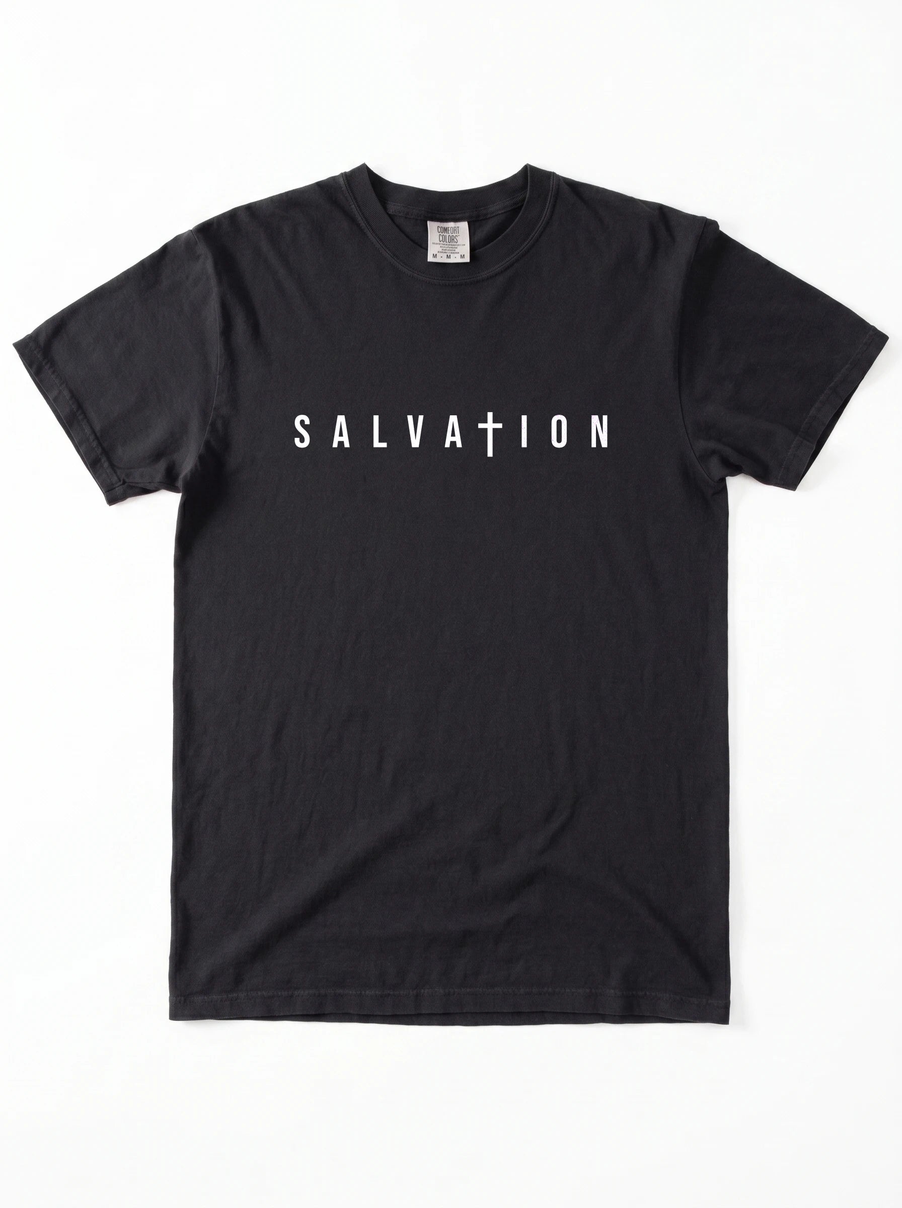 A black short-sleeve crewneck t-shirt with 'SALVATION' printed in white across the chest