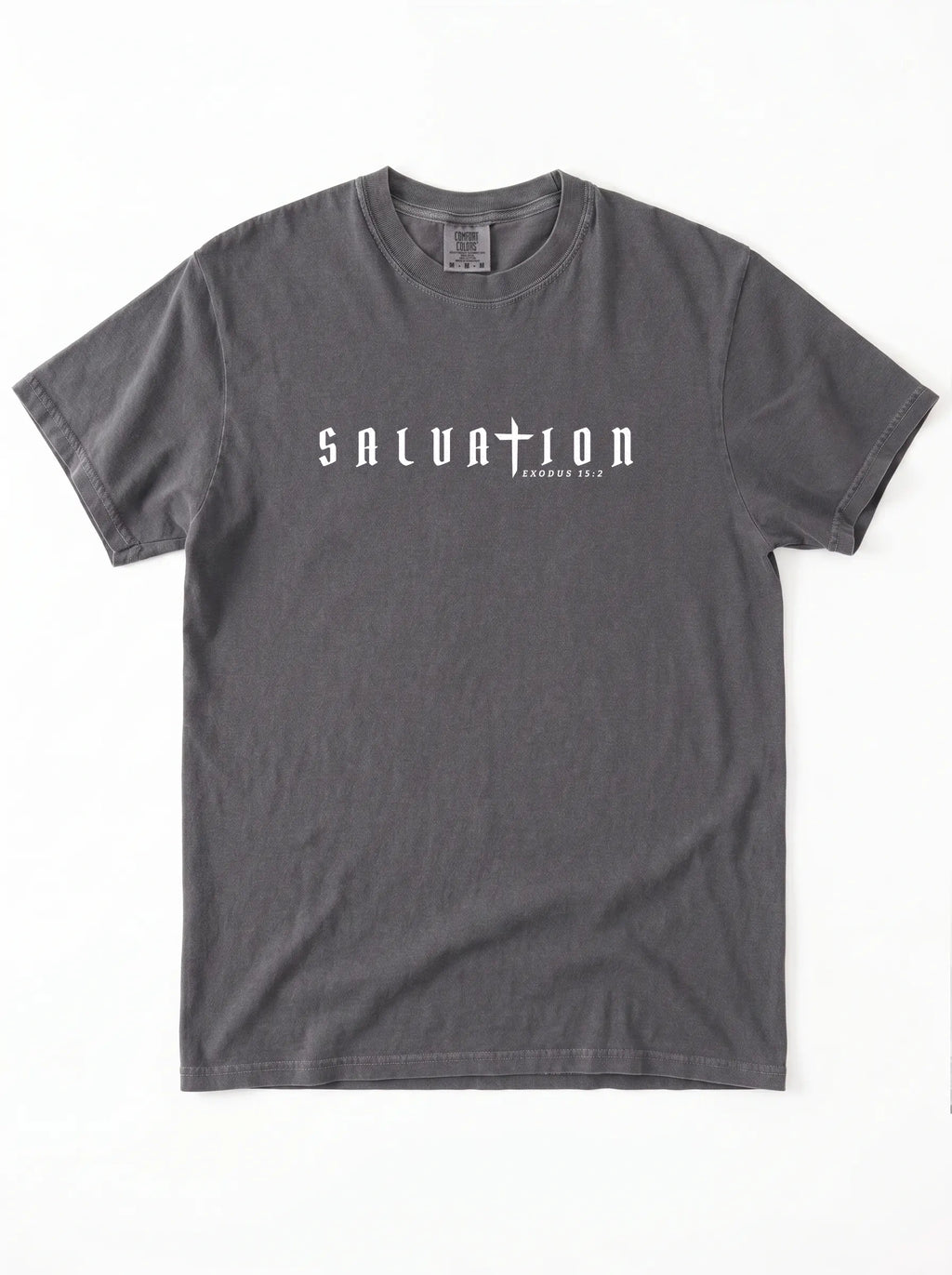 Faded gray short-sleeve T-shirt laid flat, with white “Salvation” and “Exodus 15:2” text across the chest.