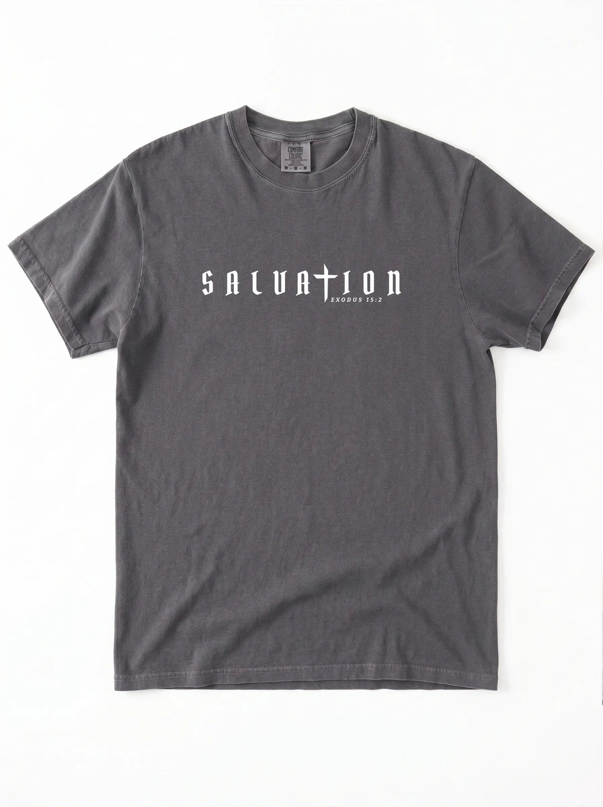 Faded gray short-sleeve T-shirt laid flat, with white “Salvation” and “Exodus 15:2” text across the chest.
