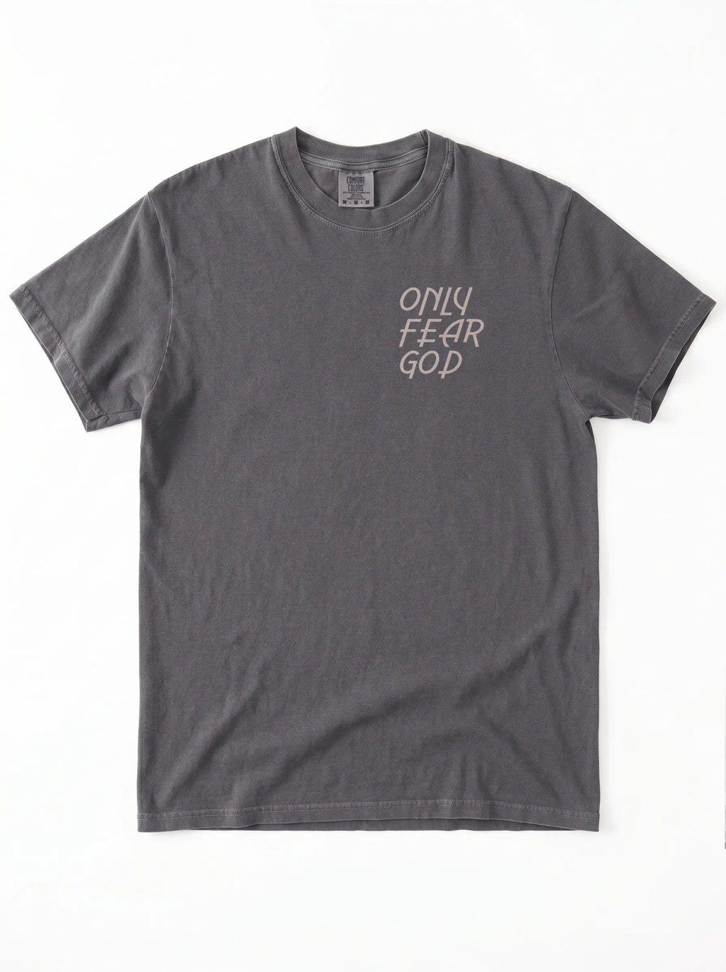 A dark gray short-sleeve t-shirt with the text 'ONLY FEAR GOD' printed in a light beige handwritten font on the left chest, displayed flat against a white background.