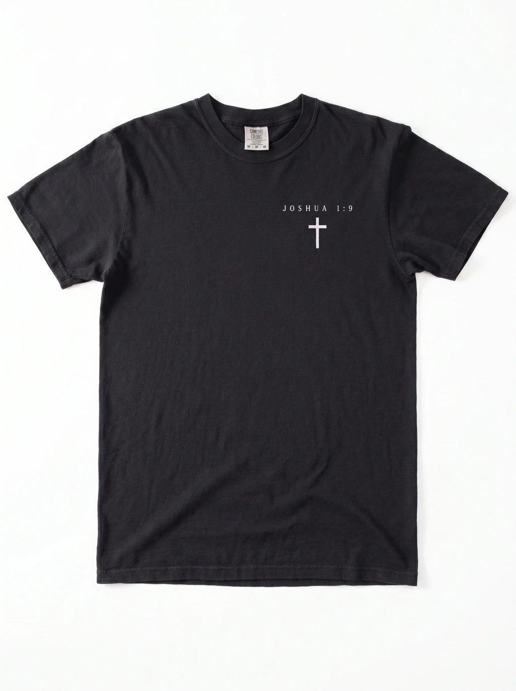 A black short-sleeve crewneck t-shirt with a small white Christian cross printed on the left chest, displayed flat against a white background.