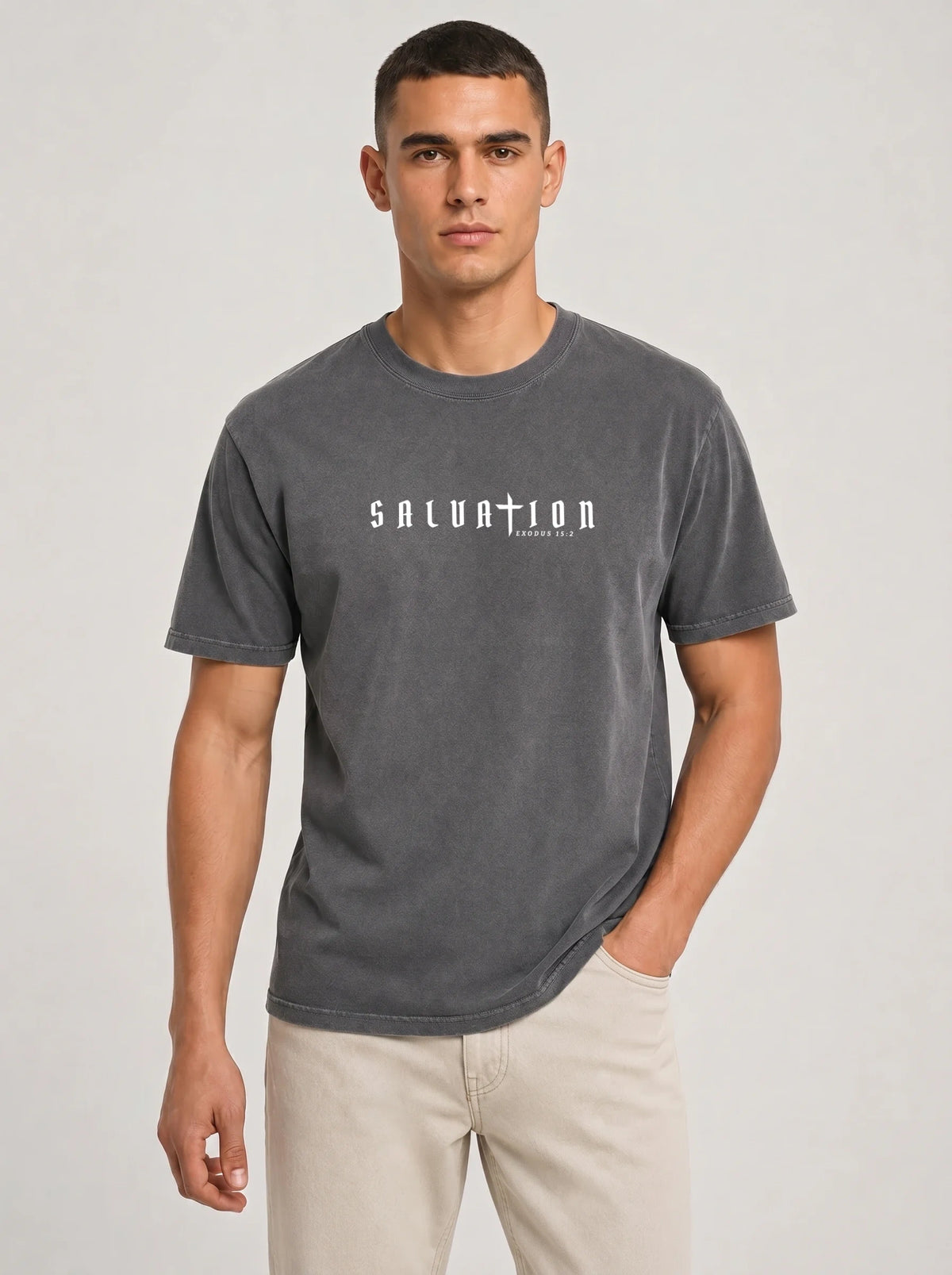 Back view of a person wearing a plain faded gray short-sleeve T-shirt.