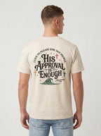 Close-up back view of 'His Approval Is Enough' Christian t-shirt graphic with cross and wave design, Galatians 1:10
